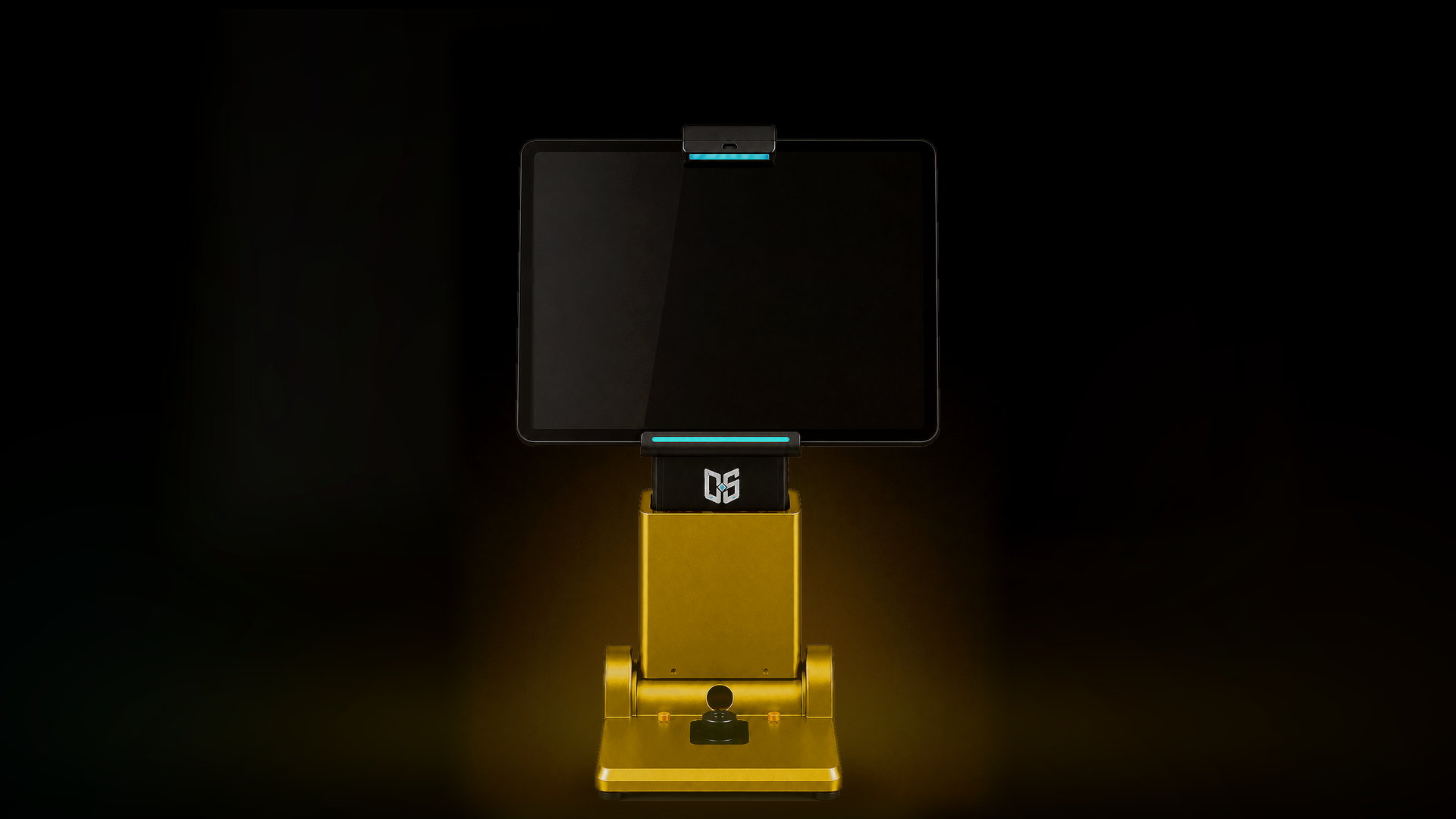 Gold DuelStation terminal front view with cyan light bars