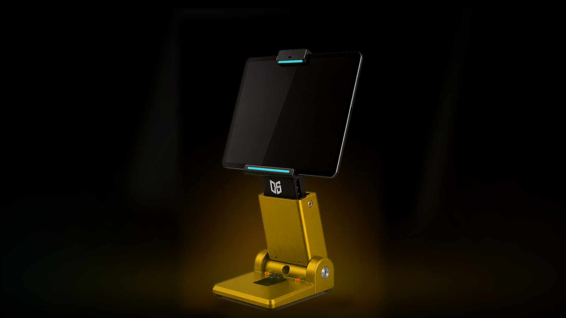 Gold DuelStation terminal side view with cyan light bars
